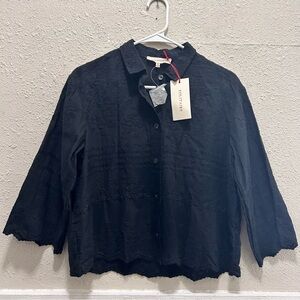 Solitaire Black Embroidered Button Down Top NWT Small